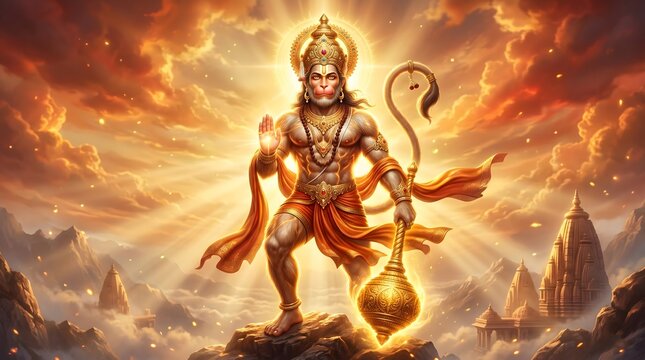Lord hanuman standing majestically with golden gada above ancient temple peaks