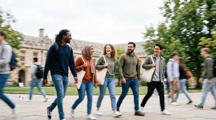 Obraz premium Diverse Group of University Students Walking Together on Campus Grounds During Daytime