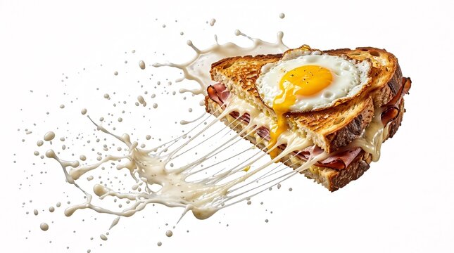 Razor sharp high speed shot of toasted croque madame sandwich flying in mid air.