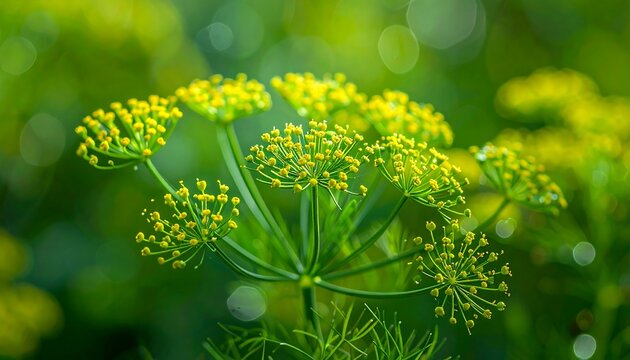 Close-up of delicate yellow umbel flower clusters against a blurred, vibrant green background of foliage and soft bokeh