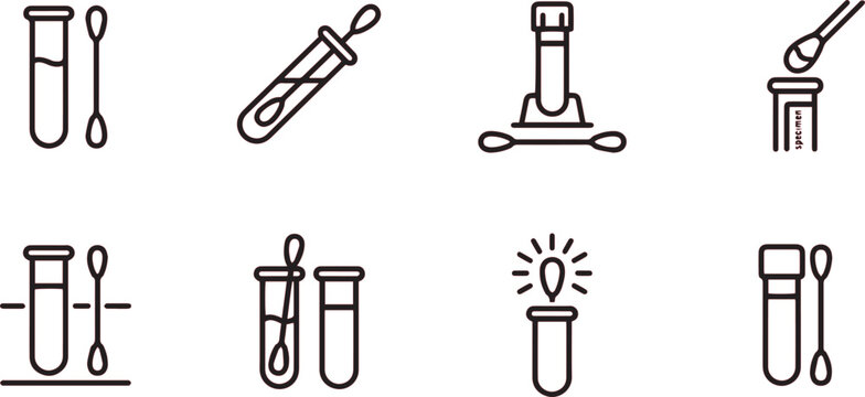 Test tubes and cotton swabs are arranged in a collection of medical diagnostic icons.