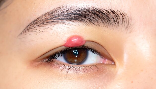 Close-up of a human eye with a visible cyst or stye on the upper eyelid, brow and skin details evident