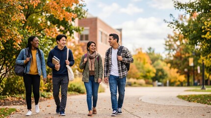 Obraz premium Diverse Group of Young Adult College Students Walking Together on University Campus Path in Autumn