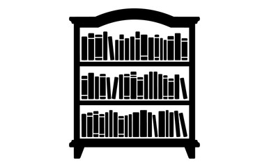 Fototapeta premium Black silhouette of a bookshelf with three shelves filled with books on a white background