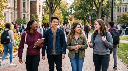 Fototapeta premium Diverse Group of Young Adult College Students Walking and Talking Together on a Sunny University Campus Pathway