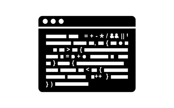 Black and white icon of a computer coding window with lines of code symbols and text in a minimalist style for programming and software development