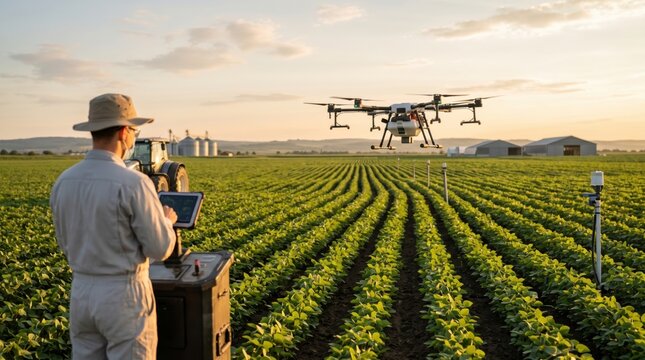 Farmer operating agricultural drone over green crop field for precision farming, smart agriculture technology, automated irrigation and monitoring, modern farming innovation