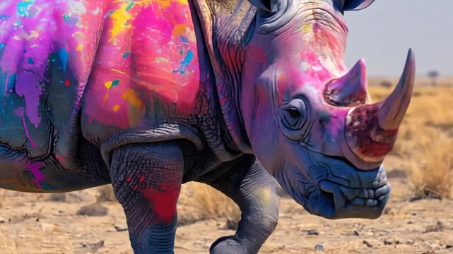A rhinoceros stands in a dry savanna, its skin vibrantly covered in splashes of colorful paint under a clear blue sky
