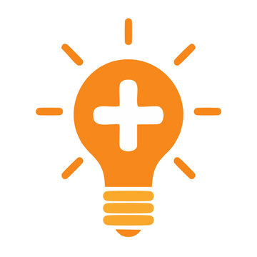 Orange light bulb with a plus sign, representing a positive idea