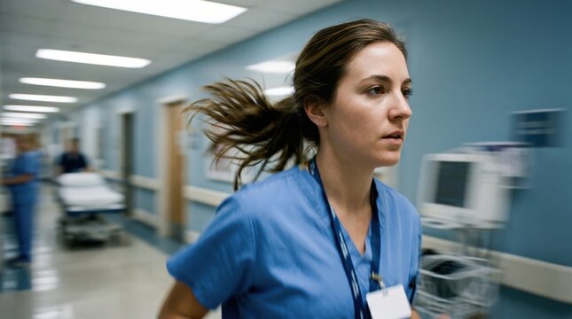 Young Caucasian Female Nurse Running Down Hospital Hallway During Emergency Medical Response