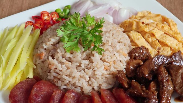Rice mixed with shrimp paste, served with side dishes.