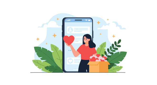 Social media content creator managing her online profile and community feedback represented by a box of hearts.