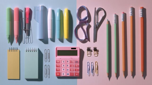 Colorful school stationery items including markers, scissors, calculator, pencils, paper clips and notebook supplies neatly arranged on pastel background, back to school education concept with creativ