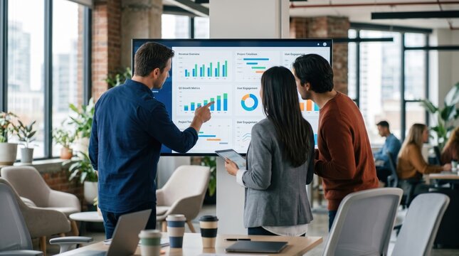Business team analyzing financial data charts on large digital screen during collaborative meeting in modern open plan office workspace
