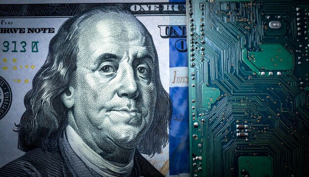 Close-up Portrait on currency overlaid with the pattern of a computer circuit board, merging finance & tech themes