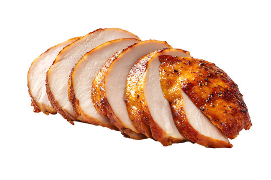 Sliced roast turkey breast with juicy tender meat and golden seasoned skin, isolated on a light background for holiday dining.