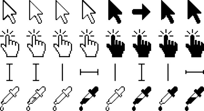 Large vector collection of computer mouse cursors and pointer icons featuring variations of arrow cursors, clicking hand pointers, text selectors, I-beams, and eyedropper tools in flat black and white