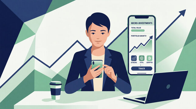 Business man using smartphone to track micro investments portfolio growth with stock market data