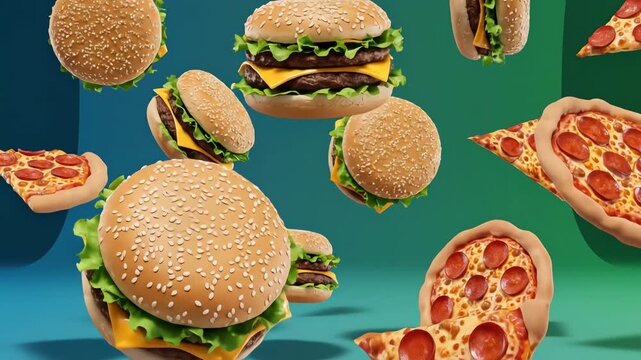 Floating burgers and pepperoni pizza slices on abstract background