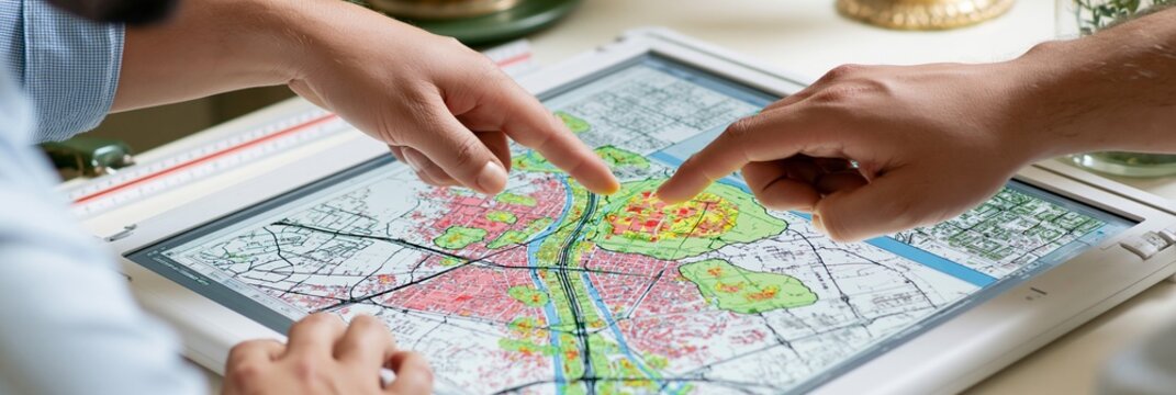 Closeup of hands pointing at AIgenerated zoning heatmaps on a digital drafting screen with transit corridors and green buffers highlighted set on a minimalist desk with rulers