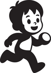 Obraz premium Black silhouette cartoon child running with smiling face isolated on white background in playful pose for design elements
