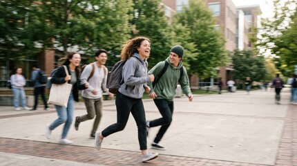 Fototapeta premium Diverse Group of College Students Running Happily Across University Campus Grounds