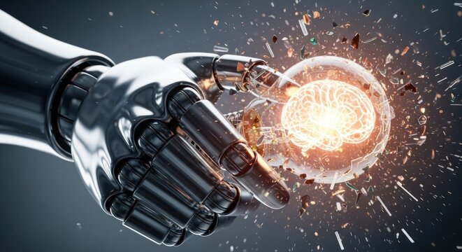 AI Breakthrough: Robot Hand Shatters a Glass Orb Revealing a Luminous Brain.
