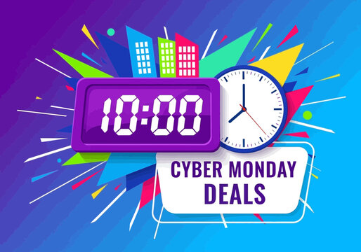 Cyber Monday Deals Featuring Digital Clock and Analog Clock with Cityscape Background