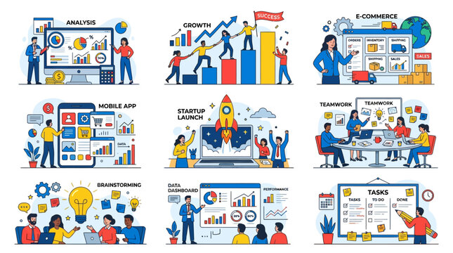 Comprehensive Business Concept Vector Illustration Set Featuring Data Analysis, Growth Strategy, E-commerce Logistics, Startup Launch Rocket, Team Brainstorming, and Project Task Management Dashboard.