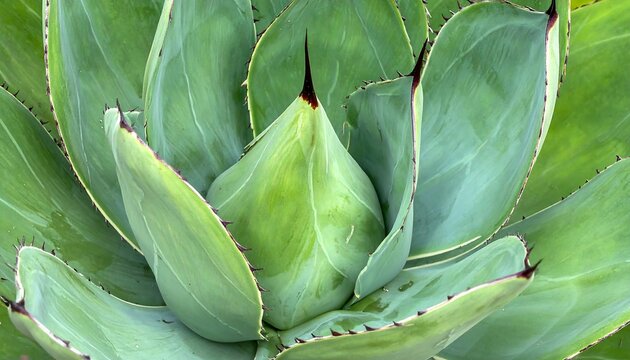 Close-up of a succulent plant, green leaves layered in a spiral pattern ending in dark spiky thorns
