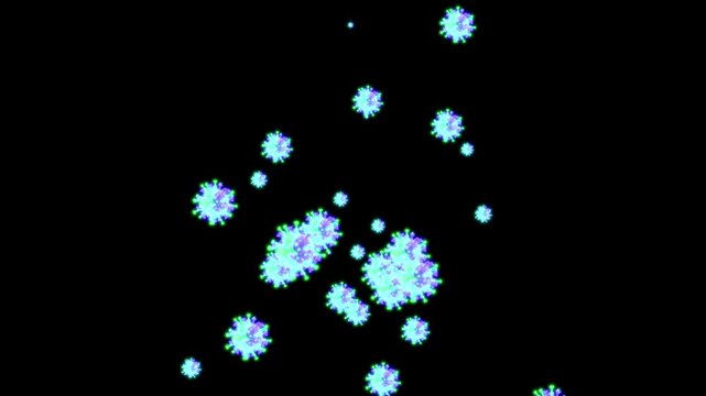 4K. Covid virus Animation slowly falling on a green screen. Covid virus fall on chroma key background.