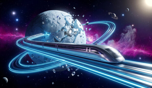 Futuristic Metallic Maglev Train Speeding on Holographic Track in Space