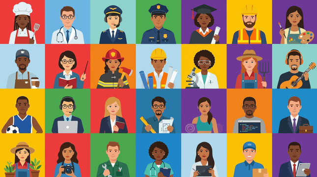 Diverse Professional Avatars and Occupational Icons Illustration Set Featuring Men and Women from Various Careers in a Flat Vector Design Style for Workforce and Employment Concepts.