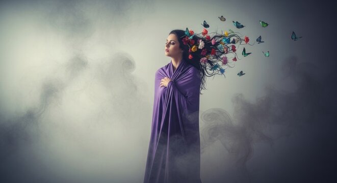 Ephemeral Bloom: A Woman's Mind Takes Flight with Butterflies in a Dreamy Mist