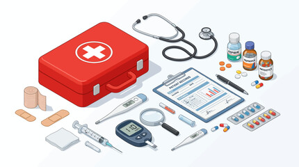 Isometric Medical Equipment Illustration Featuring Red First Aid Kit, Stethoscope, Patient Records, and Various Medications on White Background for Healthcare and Emergency Concepts