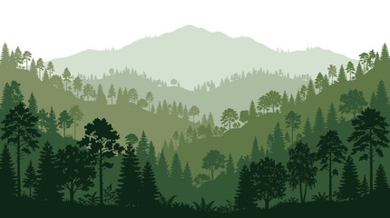 Panoramic green forest landscape with silhouette layers of pine trees and misty mountains in a minimalist vector style for nature and environment background designs. © Ayong