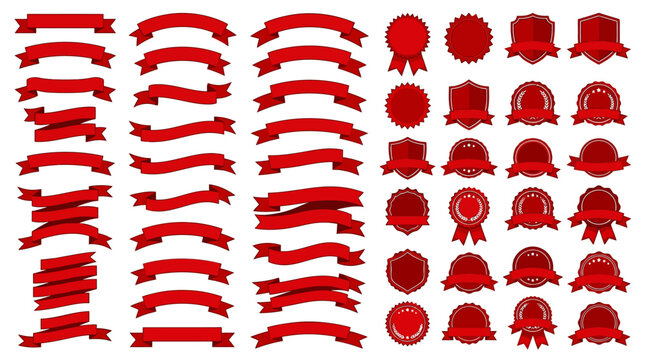 Large collection of red ribbon banners, award badges, and decorative labels for web and print design projects. Ideal for marketing promotions, sales, and certificate emblems.