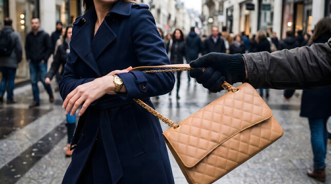 Close-up of a thief's hand snatching a tan leather handbag from a woman's shoulder in a crowded city street, illustrating urban pickpocketing crime.