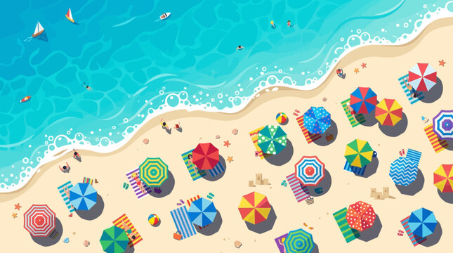 Vibrant flat design illustration of a tropical beach from above, featuring colorful umbrellas, towels, sandcastles, and turquoise ocean water with waves, boats, and people swimming.