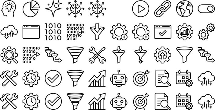 Advanced Artificial Intelligence and Data Processing Line Icon Set Featuring Machine Learning Robotics Binary Code Funnel Analytics and Digital Innovation Symbols.