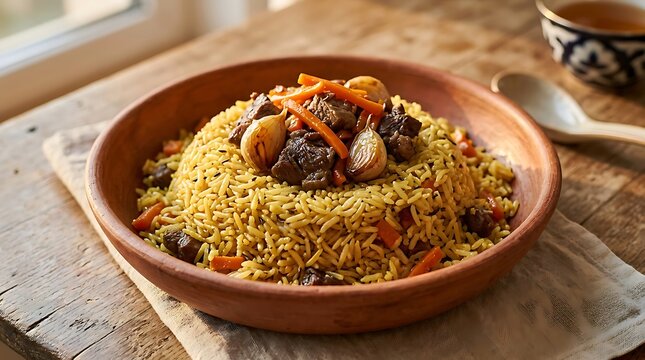 Authentic Uzbek Plov Rice with Tender Lamb and Garlic