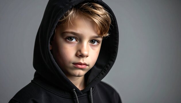 Close-up of a young boy with blond hair wearing a black hoodie, set against a solid gray background
