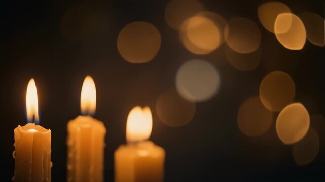 Three lit candles with warm flames on a dark background with bokeh lights