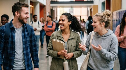 Obraz premium Diverse Group of Young Adult College Students Laughing and Talking in University Hallway