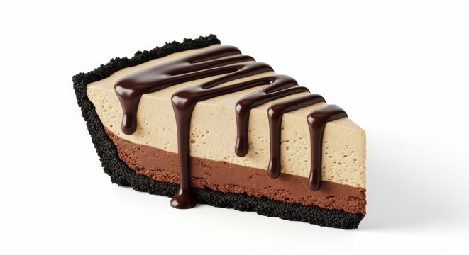 A decadent triple-layer chocolate and coffee dessert slice drizzled with rich chocolate sauce on a white background