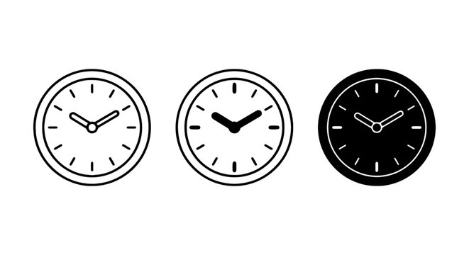 Clock Icons Set, Time Symbol Vector Graphics, Analog Watch Faces, Minimalist Timekeeping Elements