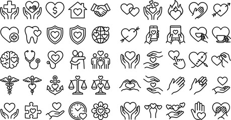 Fototapeta premium Comprehensive Charity and Healthcare Icon Set Featuring Medical Care Heart Symbols Global Health Dental Protection and Social Support Illustrations