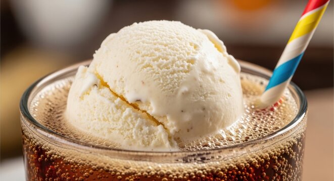 A creamy scoop of vanilla ice cream melting into a bubbly soda float in a glass