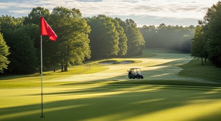A golf cart drives across a lush green golf course during a beautiful sunlit morning with trees and a flag in the background.