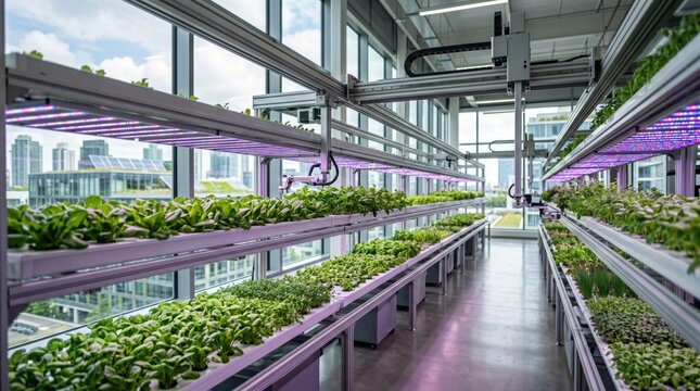 High tech automated vertical farming facility with robotic arm and purple led grow lights cultivating rows of herbs and vegetables